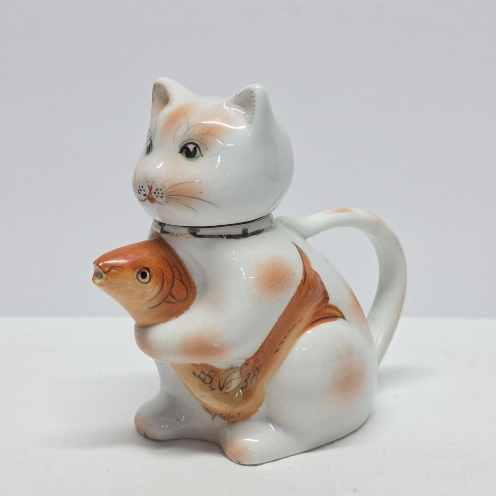 Vintage 1970's Lucky Cat & Goldfish Hand Painted Porcelain Creamer Pitcher China